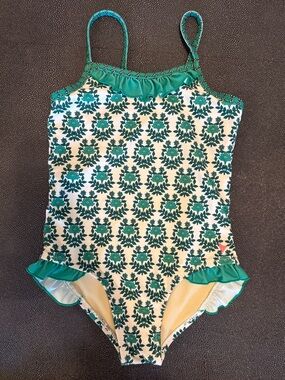 Pink Chicken Green and Cream Kids floral ruffle details Swim One Piece 6T